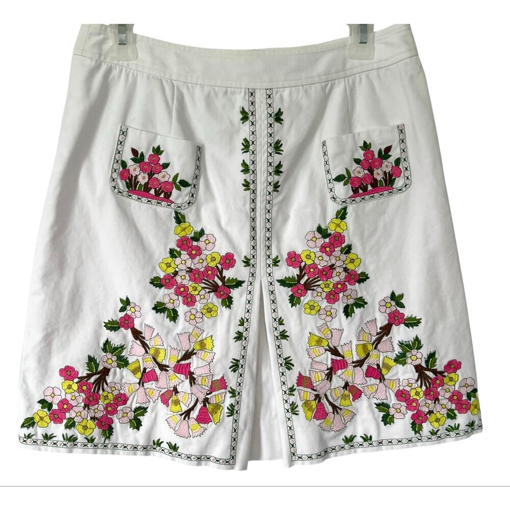 Etcetera Floral Embroidered Skirt Women's Scandinavian Folk White Cotton Sz 8